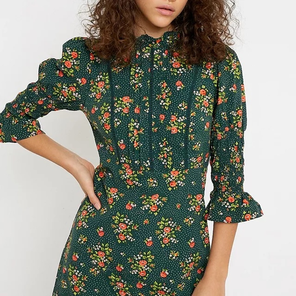 Laura Ashley x Urban Outfitters Green Floral Ruffled Puff Sleeve Mini Dress